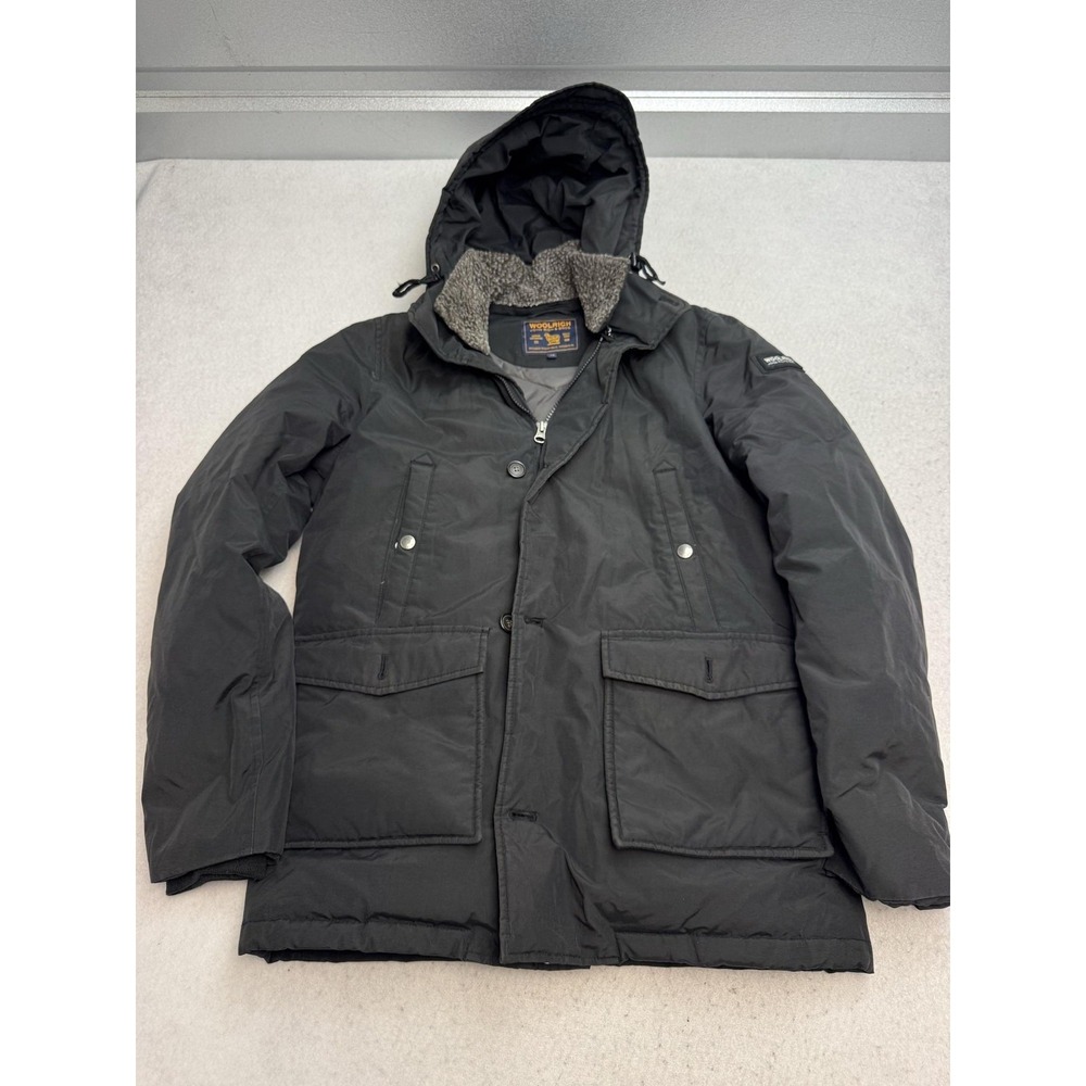 Woolrich Coat Womens 14 Black Down Parka Hooded Full Zip Pockets Warm Winter